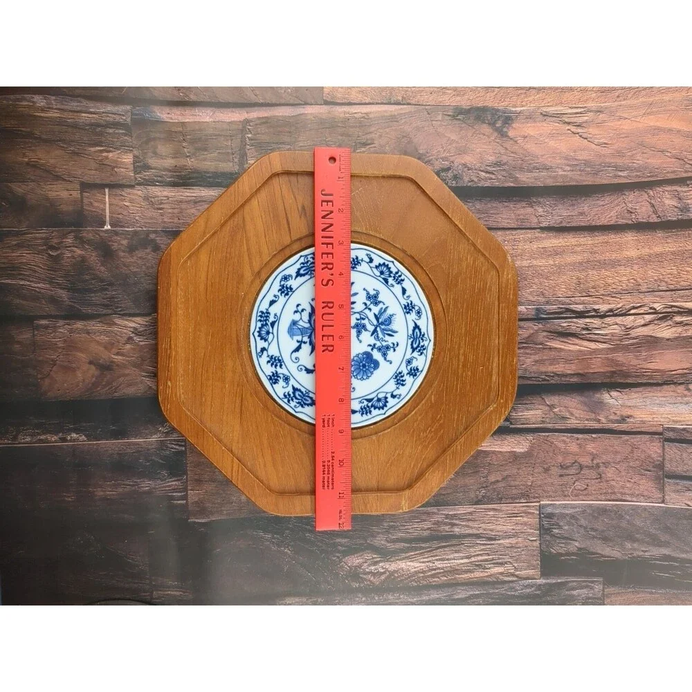 Rustic Coastal Teak Wood Charcuterie Tray Glass Cloche‎ Blue Tile Hexagon VTG